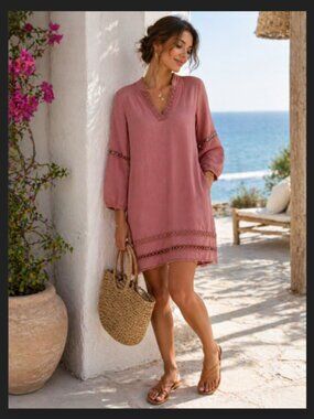 Laffaire Los Angeles Linen Summer Dress Dusty Rose Crochet Trim Pockets Medium